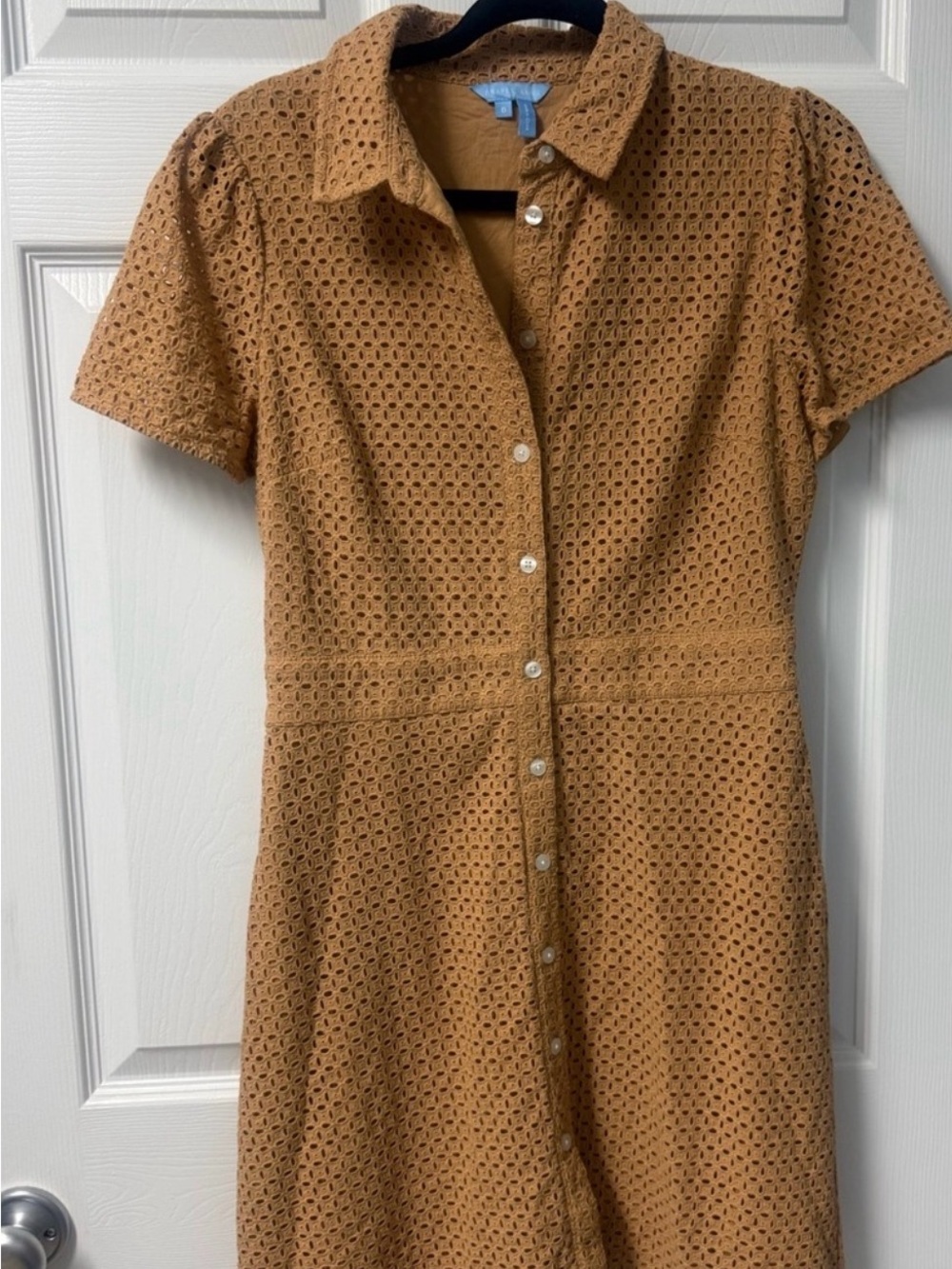 Draper James Camel Eyelet Button-Front Mini Dress
